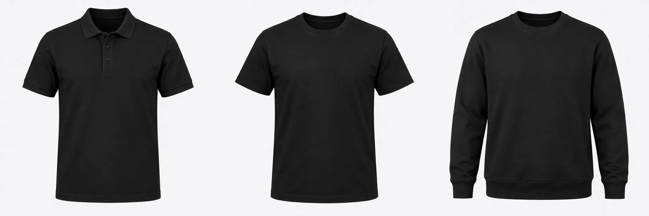 Anteprima illustrativa di polo, T-shirt e felpa nere da personalizzare con il tuo logo